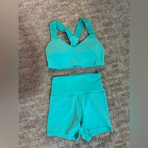 Aerie Hugger Workout Set | Aqua Sports Bra and Biker Shorts
